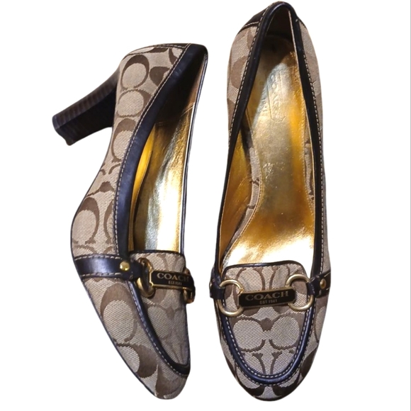 Coach Charley Signature Jacquard Pumps Brown and Tan Monogrammed Heels Sz 8.5 B - Picture 1 of 14
